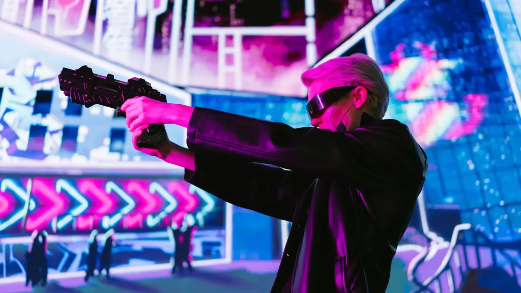 A teen model in a futuristic setting, wearing a visor and wielding a sci-fi styled prop gun, stands against a backdrop of vibrant neon lights and digital screens displaying cybernetic patterns.